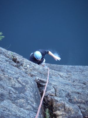 Mike following "Lucky" at Comox Lake
That blue background is the lake. Cliff jumping anyone?
